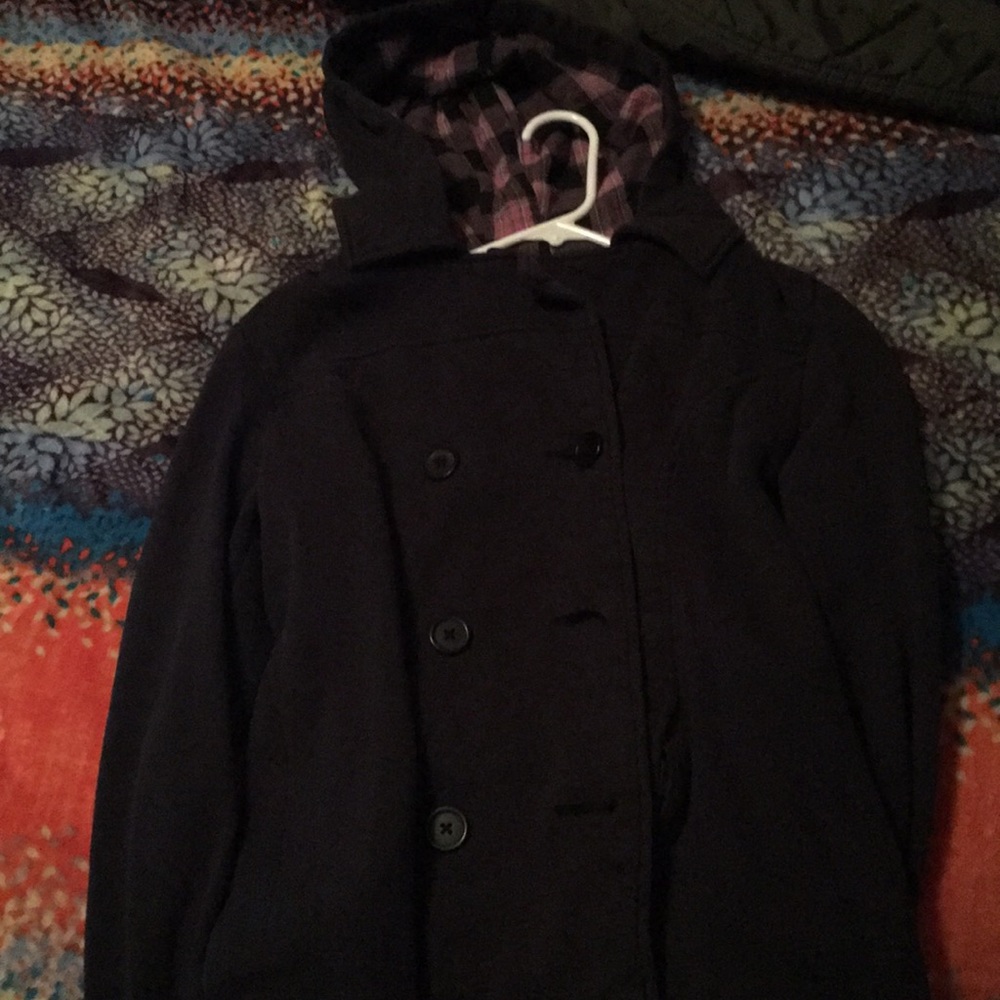 Black hoodie/peacoat.